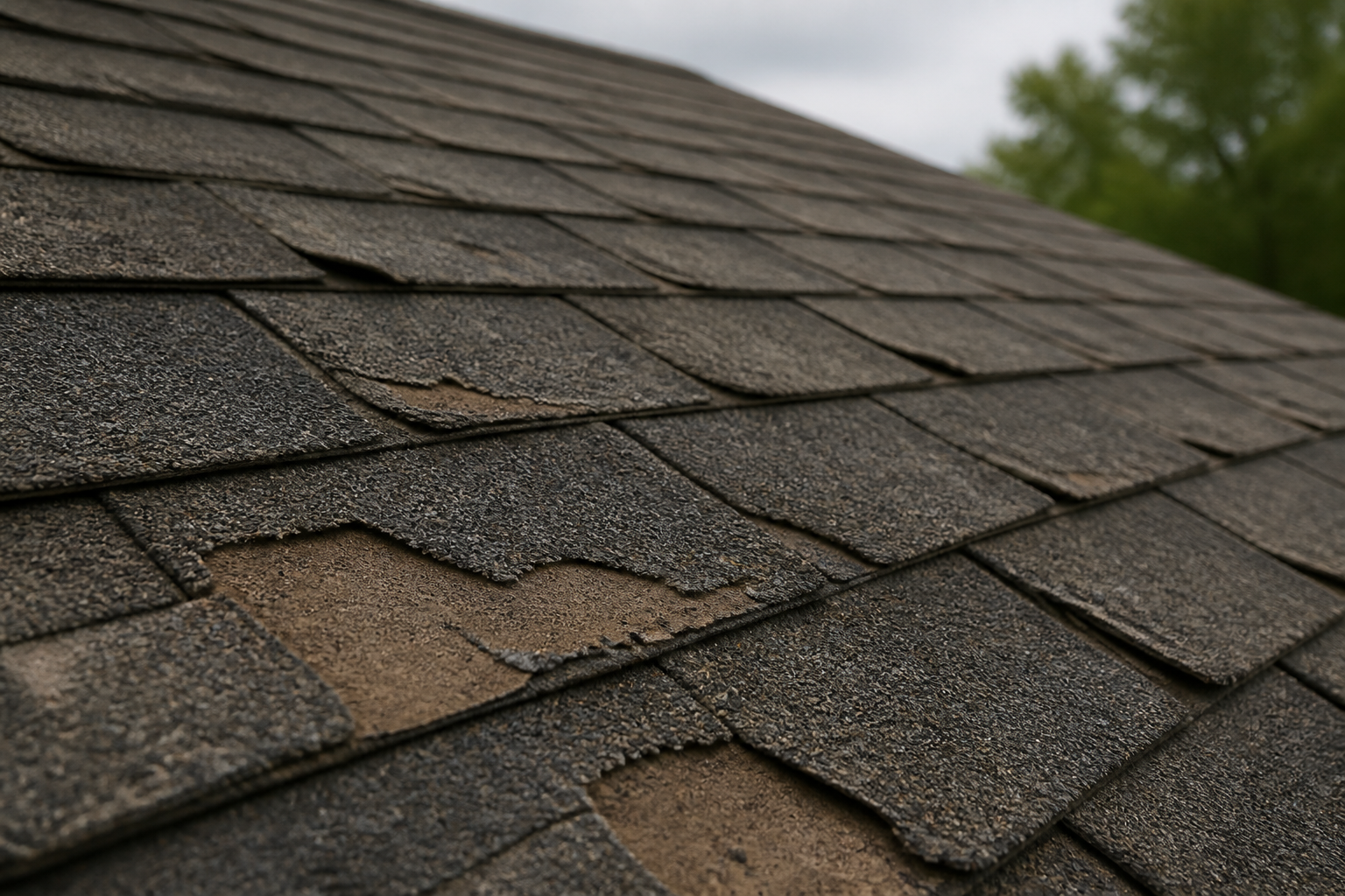 Close view of an ageing asphalt shingle roof with curled tab edges and bare patches where the surface granules have worn away